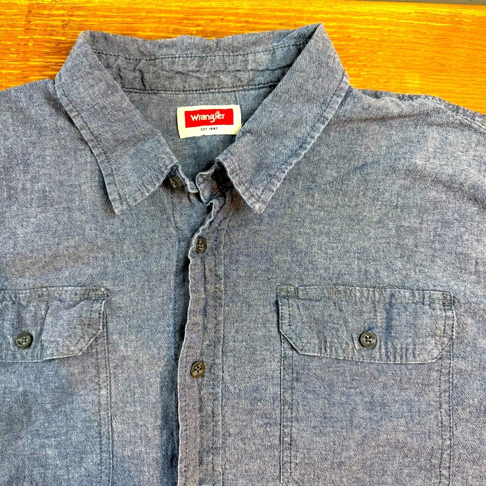 Wrangler Mens Denim Shirt 2XL Solid Blue Jean Short Sleeve Western Cowboy Heavy